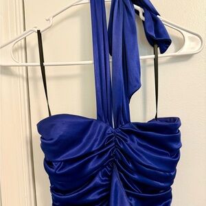 Elegant Blue Ruched Halter Dress